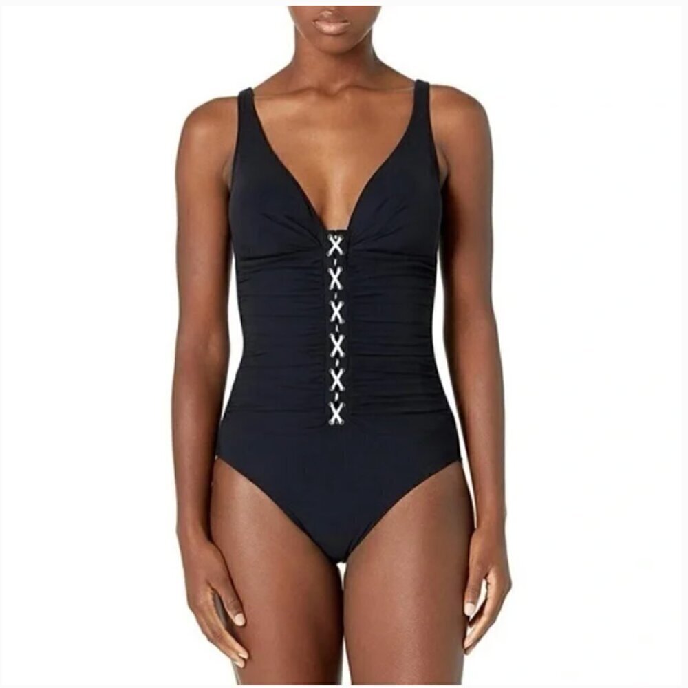 Profile by Gottex Black Mojito Moto Shirred Swimsuit 1-PC Piece Lace Up Swim 14